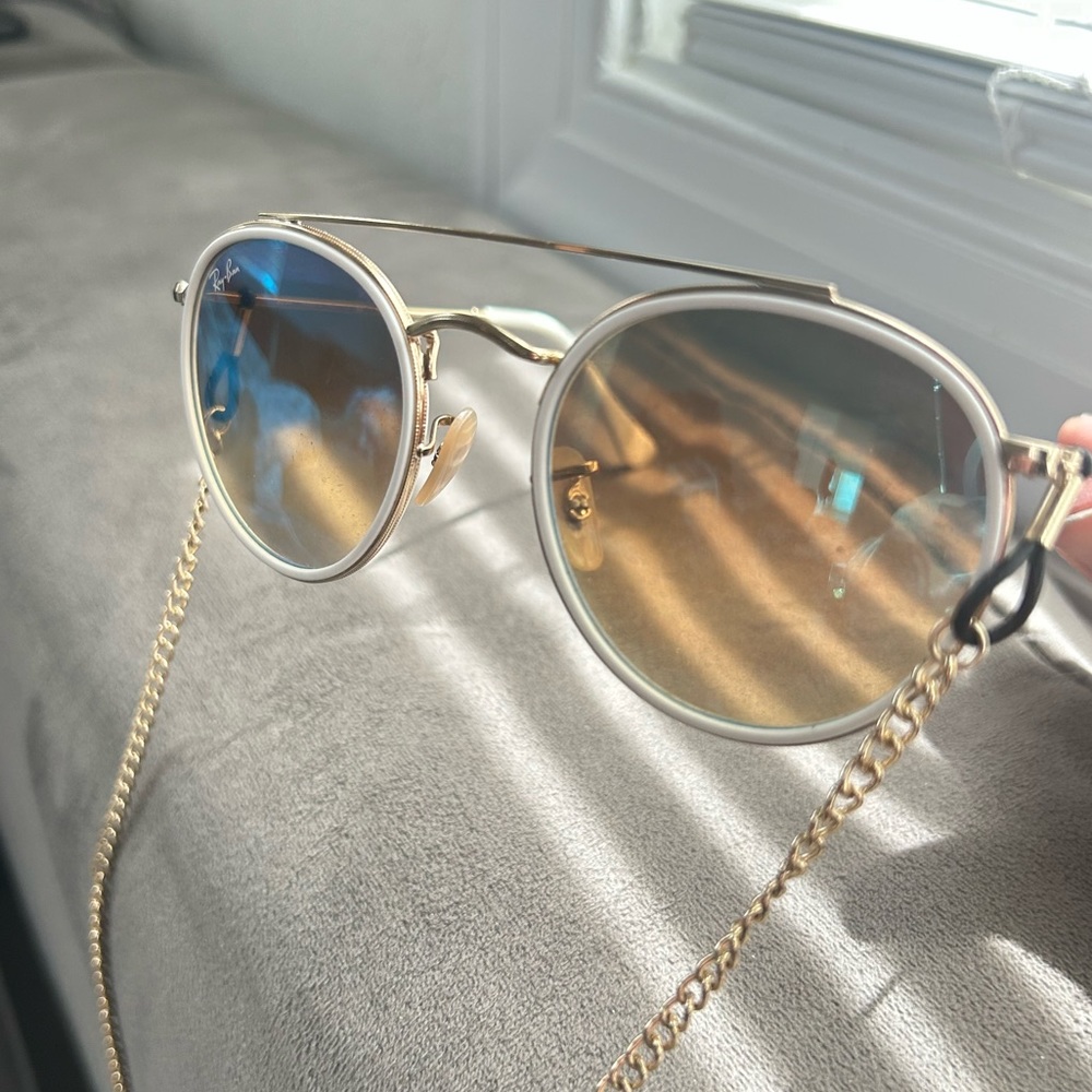 Ray Ban 3647N white rimmed, gold accented shades w/chain *authentic*